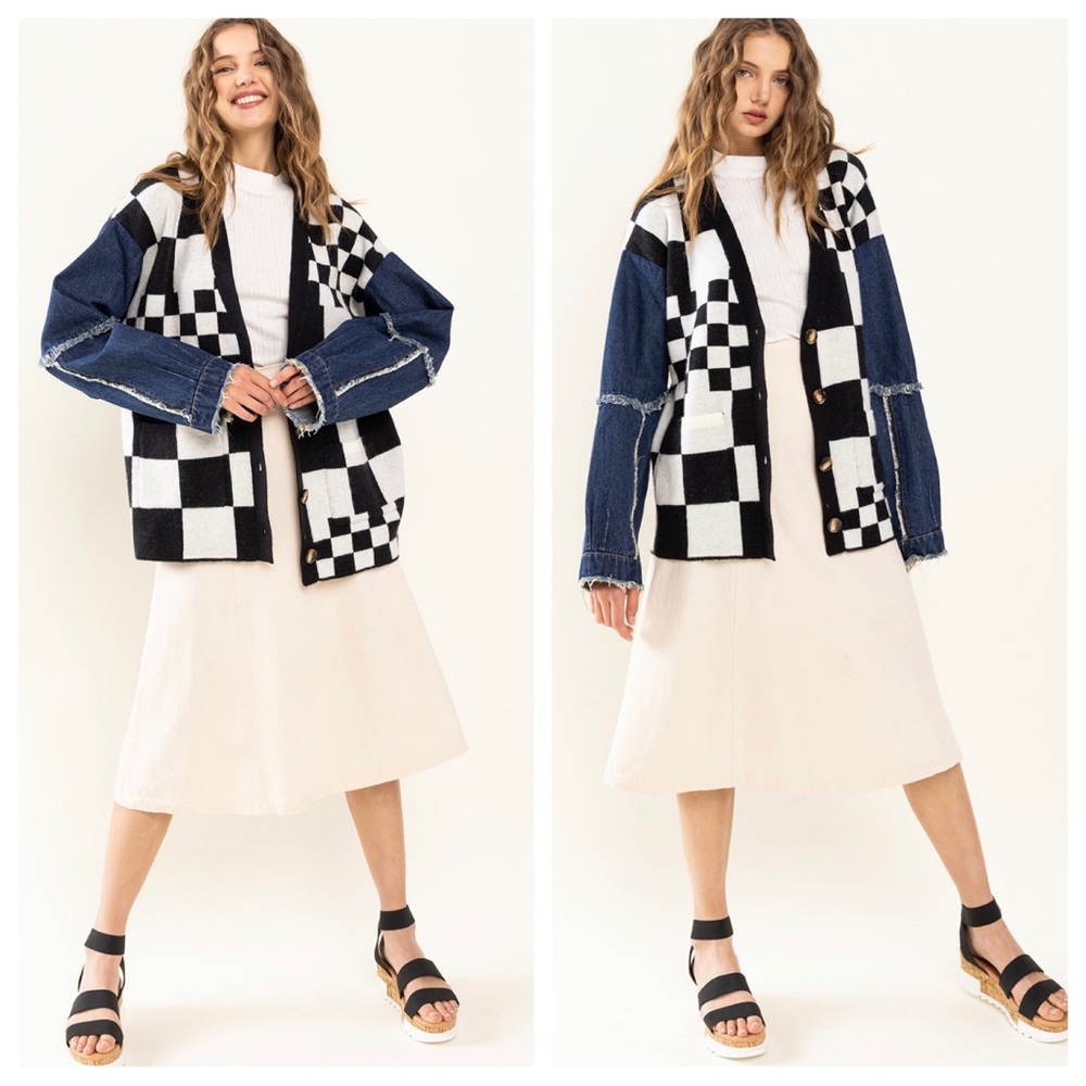 Checkerboard & Denim Button Up Cardigan - Picture 3 of 5